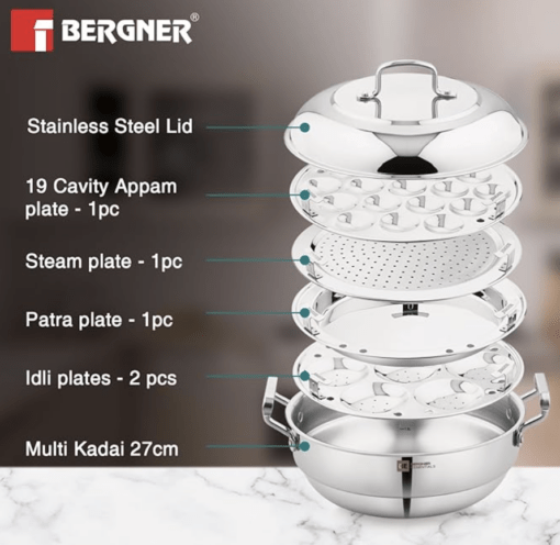 Bergner BE Bergner Essentials Triply Stainless Steel 27cm Multi Kadai - 2 Pcs Idli Plates, 1 Pc Appam Plate with 19 Cavities, 1 Pc Patra Plate and 1 Pc Steam Plate, Less Cooking Oil - Induction Bottom Material	Stainless Steel Colour	Silver Brand	BERGNER Shape	Round Item Weight	3.16 Kilograms About this item 👌🏻Versatile Functionality : Cook a wide range of dishes, including idli, appam, patra, and dhokala, all in one convenient pot 💪🏻Healthy Cooking : Tri-ply construction ensures even heat distribution, reducing the need for excessive oil and promoting healthier meals ✅Durable and Long-Lasting : Made from high-quality stainless steel, this kadai is built to last, providing years of reliable service ♨️Induction Compatible : Suitable for all stovetops, including induction, making it a versatile addition to any kitchen 🎁Complete Set : Includes 2 idli plates, 2 dhokala plates, 1 appam plate with 19 cavities, 1 patra plate, and 1 steam plate, offering everything you need for a variety of dishes 🫓High-Quality Lid : The stainless steel dome-shaped lid with a flat knob provides a secure seal and easy handling ✨Stylish Design : The inside matt finish ensures easy cleaning, while the outside shiny finish adds a touch of elegance to your kitchen - Image 2